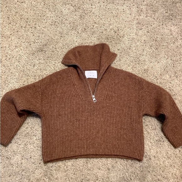Zara Kids Sweater Size 8 Brown Ribbed Knit 1/4 Zip Pullover Unisex - Picture 1 of 5